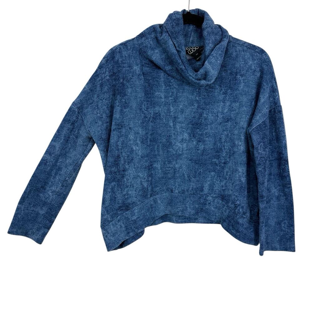 Clara Sunwoo Crop Brushed Fleece Turtleneck size PM Blue Watercolor Long Sleeve